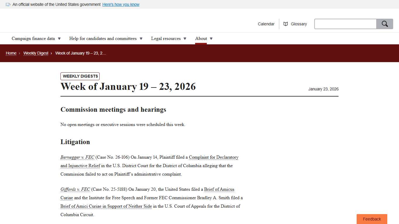 Week of January 19 – 23, 2026 FEC